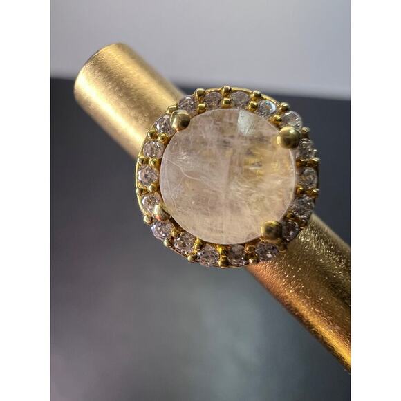 Rainbow moonstone halo stud gold over silver earrings - Picture 3 of 11